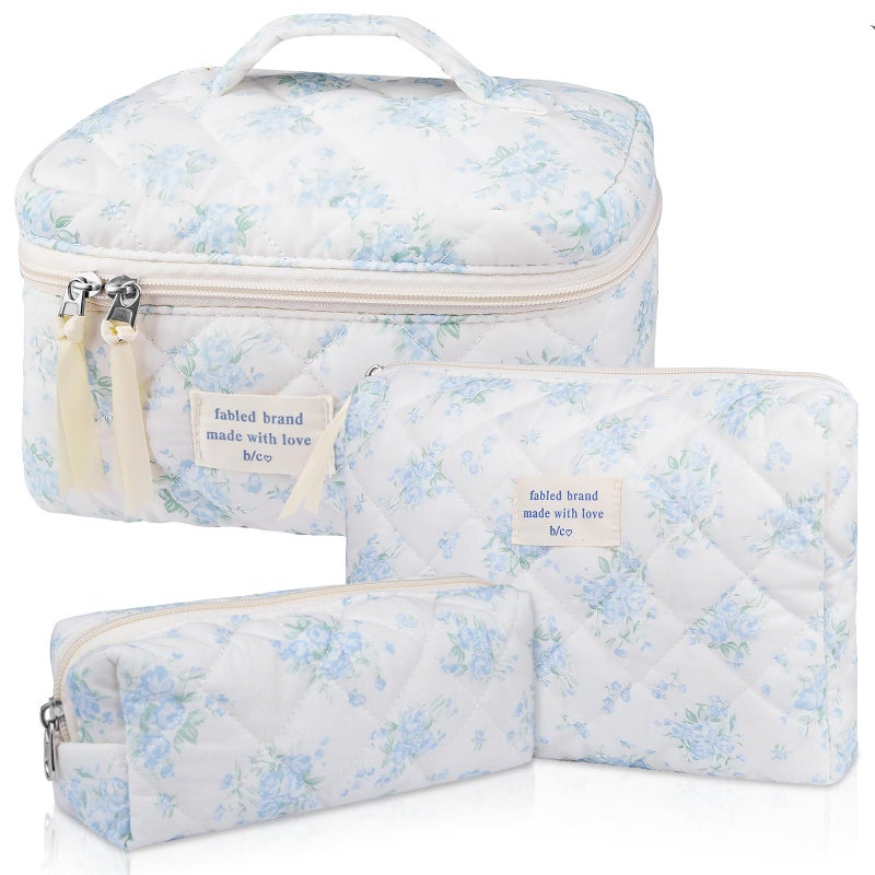 Makeup Bag Set Quilted Makeup Bag Large Floral Cosmetic Bag for Women Cute Cotton Makeup Bags Flower Travel Toiletry Organizer Bag Blue Rose